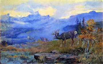 cerf, pâturage 1912 Charles Marion Russell Indiana cow boy Peinture à l'huile